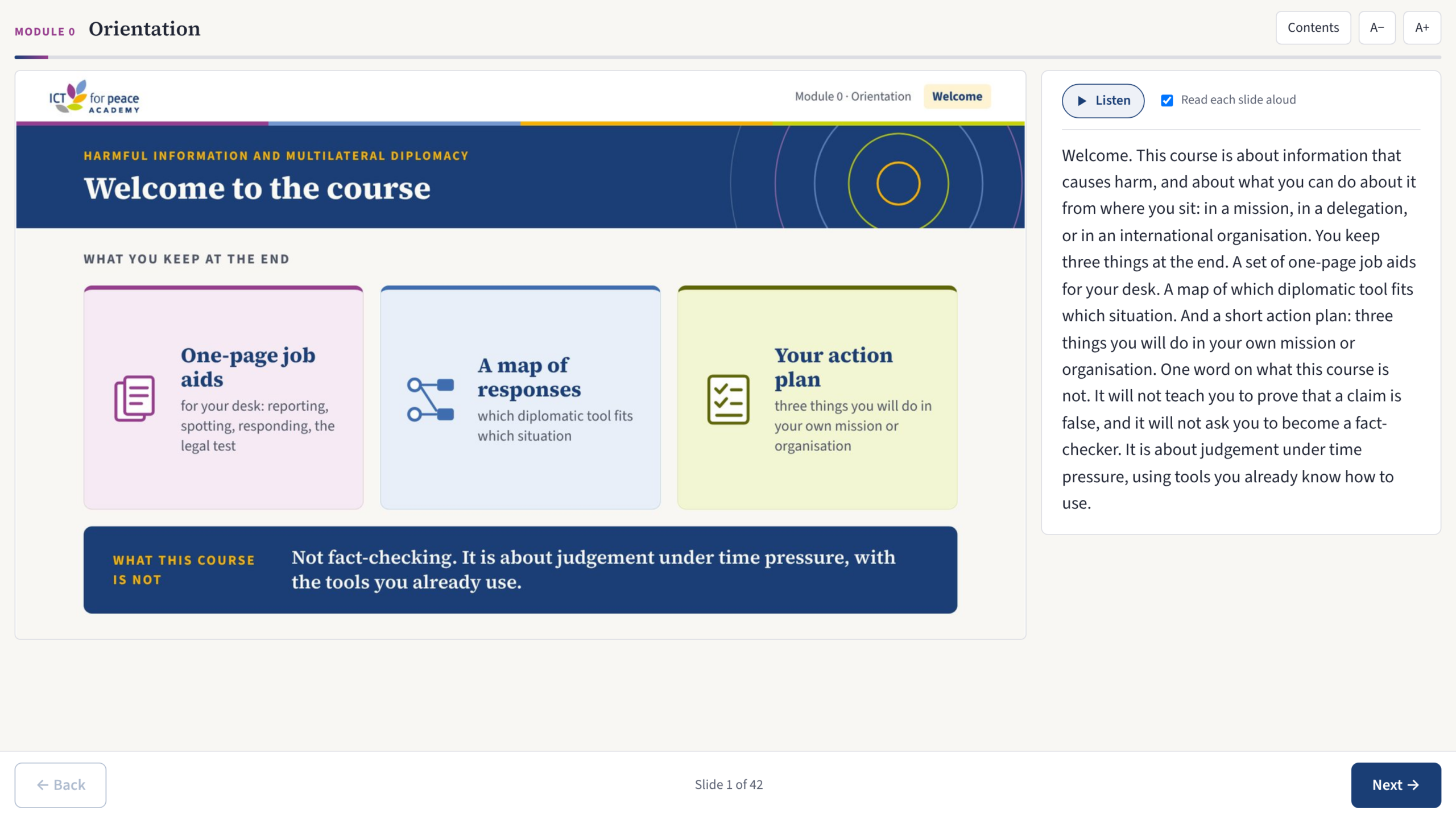The course welcome slide, with the narration text shown beside it